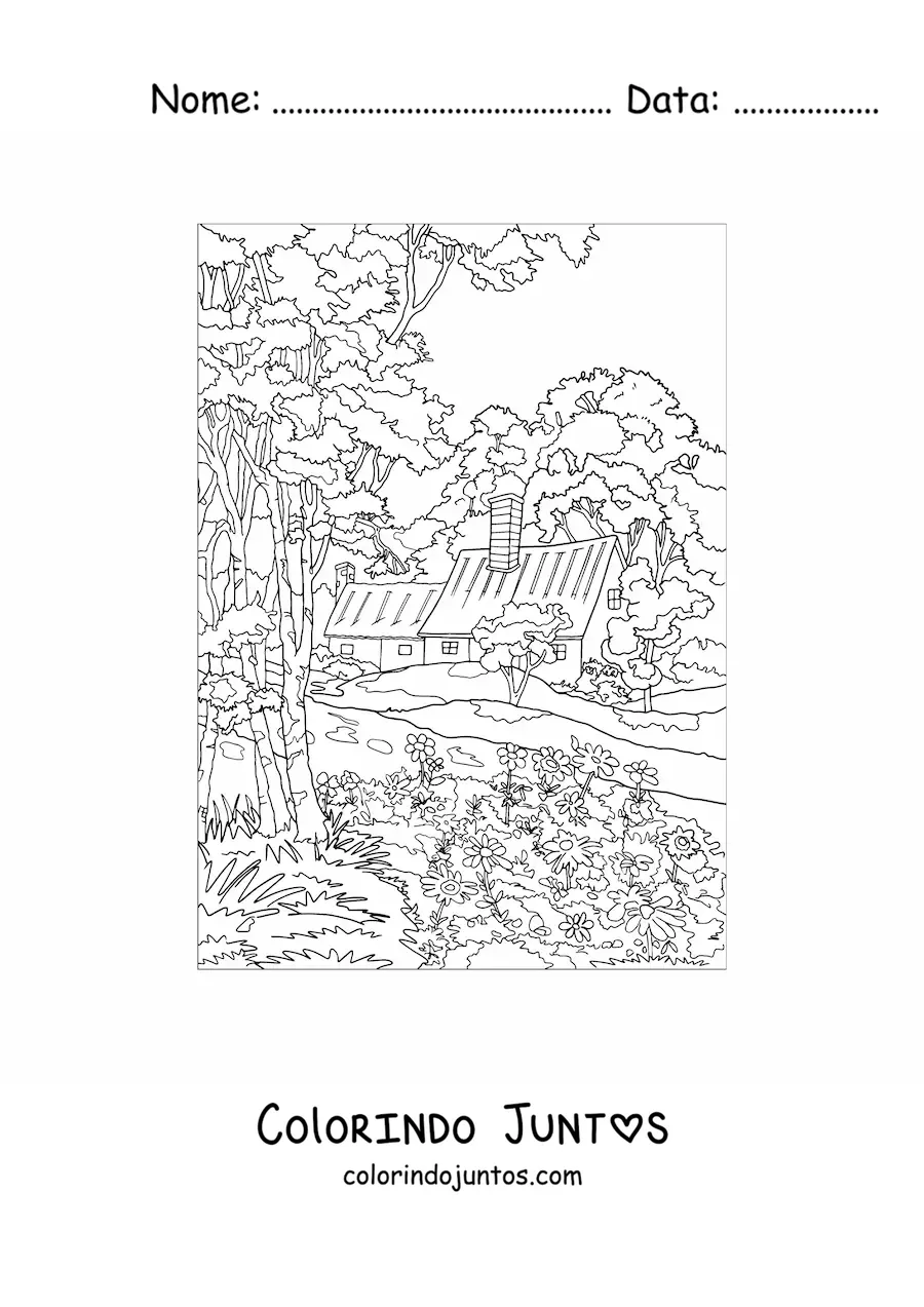 Desenho para colorir de paisagem de uma casa no campo