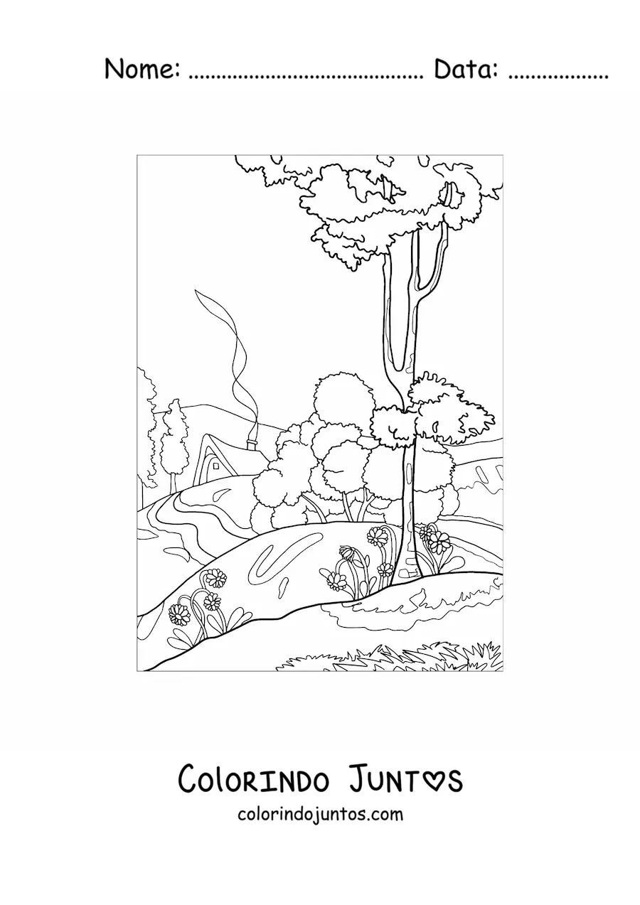 Desenho para colorir de paisagem de uma casa no campo