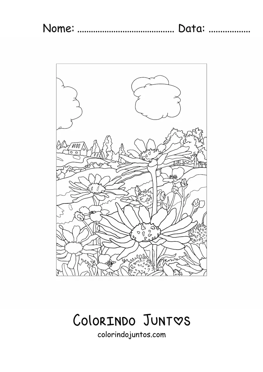Desenho para colorir de paisagem de uma casa no campo