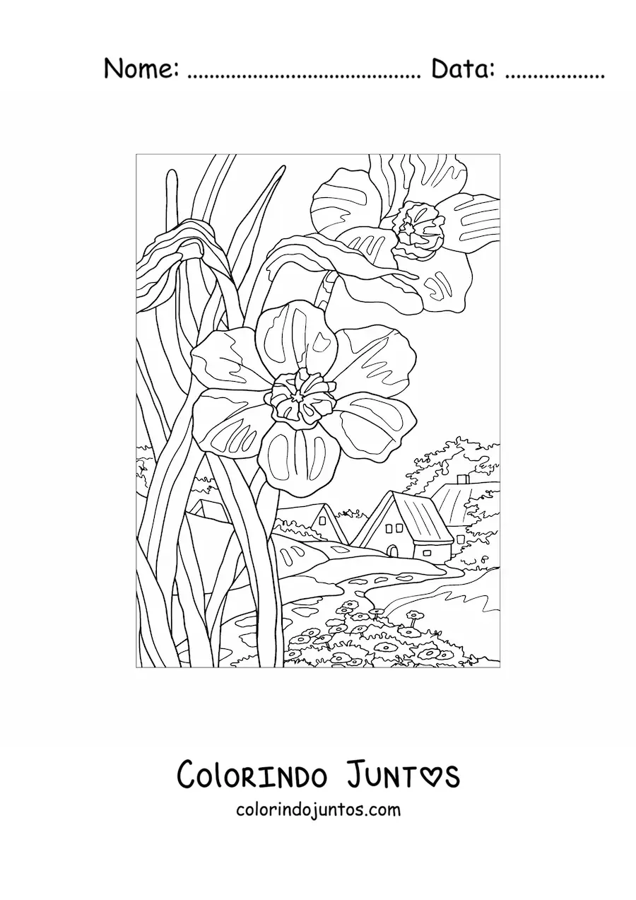 Desenho para colorir de paisagem de uma casa no campo