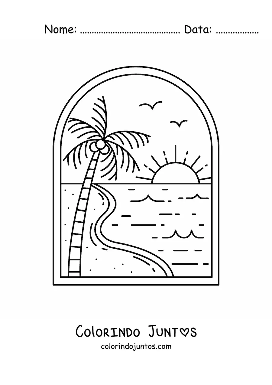 Desenho para colorir de paisagem da praia com palmeira e Sol