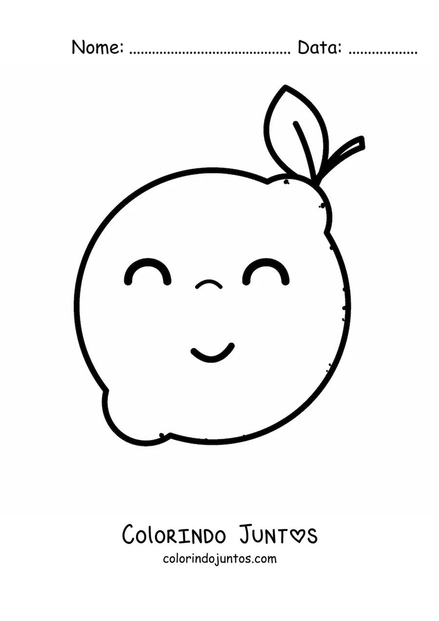 Desenho para colorir de um limão kawaii com folha sorrindo com os olhos fechados