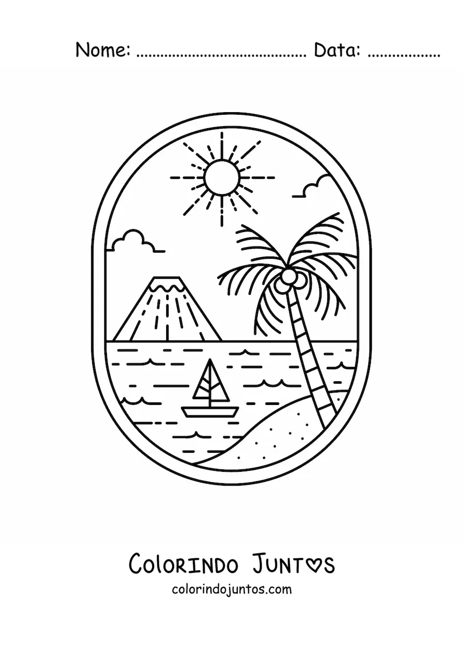 Desenho para colorir de paisagem da praia com palmeira e vulcão ao fundo