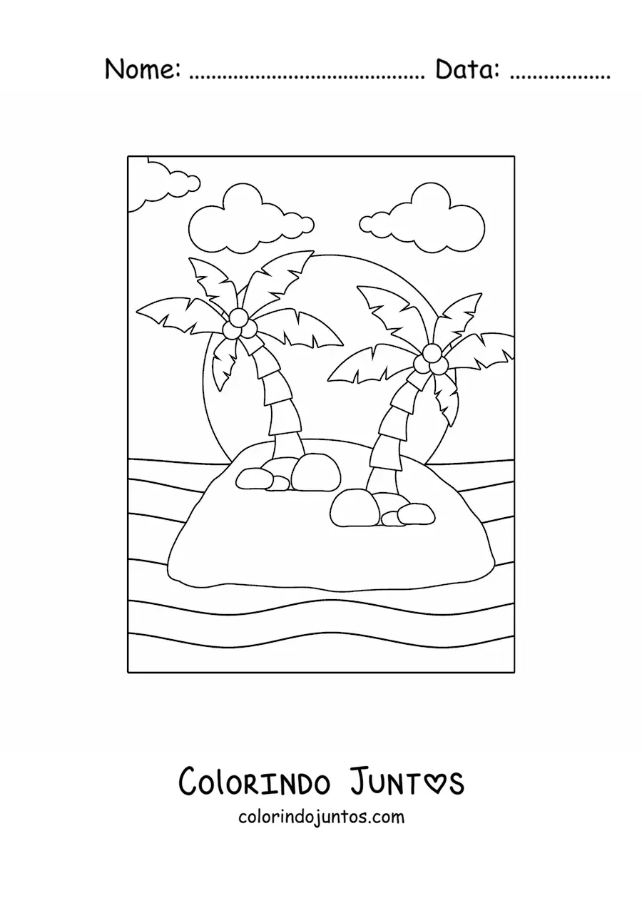 Desenho para colorir de uma ilha com duas palmeiras