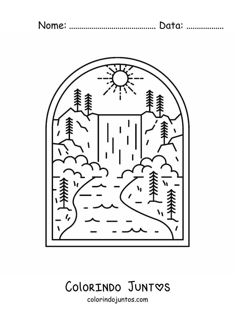 Desenho para colorir de paisagem natural com cachoeira, rio e pinheiros