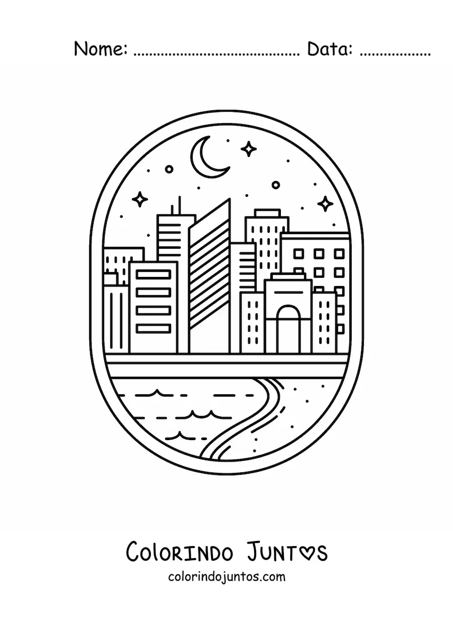 Desenho para colorir de cidade com rio