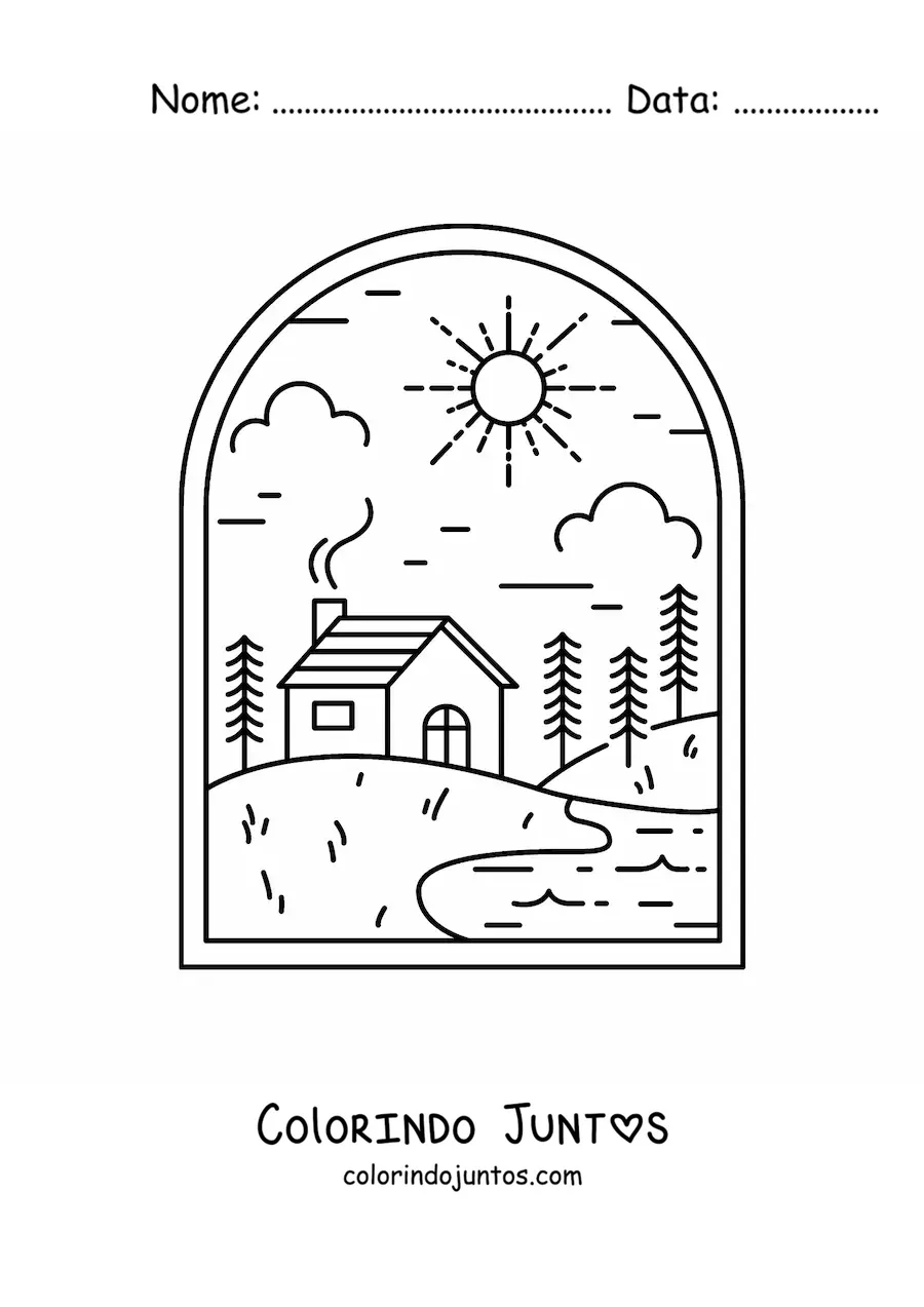 Desenho para colorir de casa no campo com rio