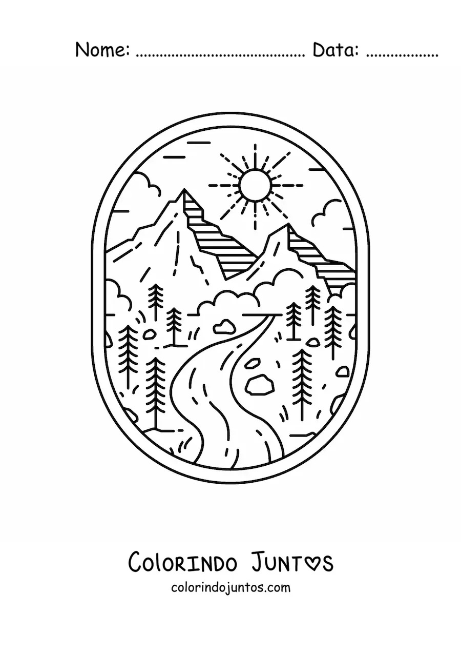 Desenho para colorir de paisagem natural com rio e montanhas