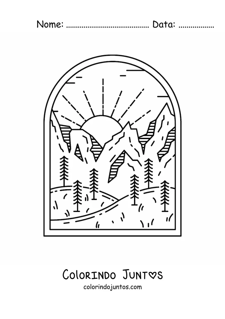 Desenho para colorir de paisagem de floresta com montanhas durante o dia