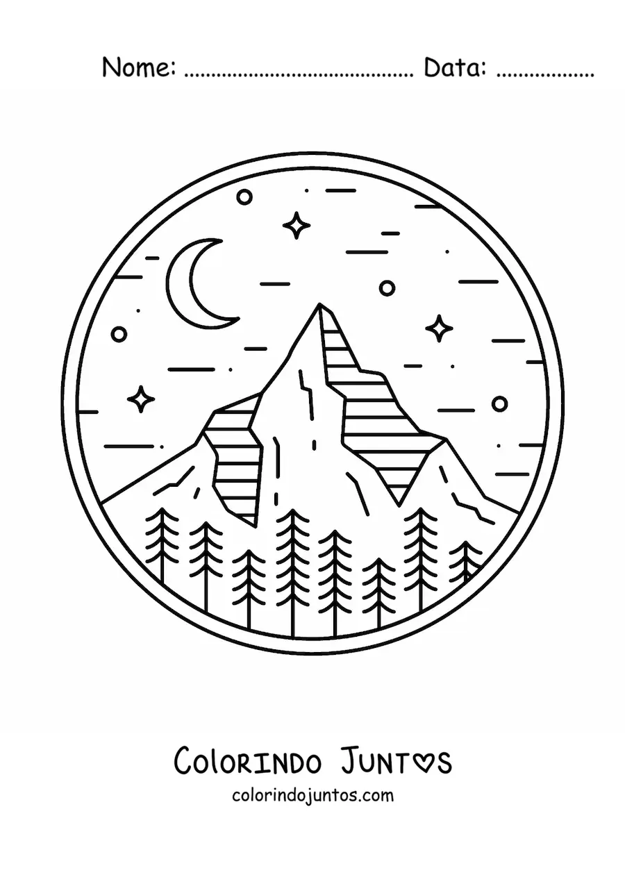 Desenho para colorir de paisagem de floresta com montanhas a noite