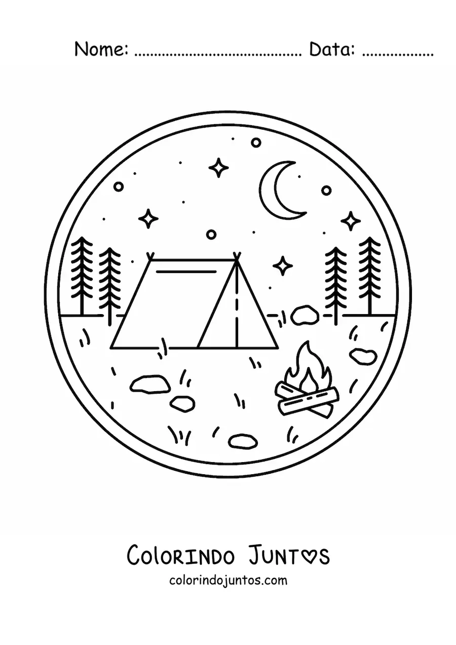 Desenho para colorir de uma barraca de acampamento e uma fogueira na floresta