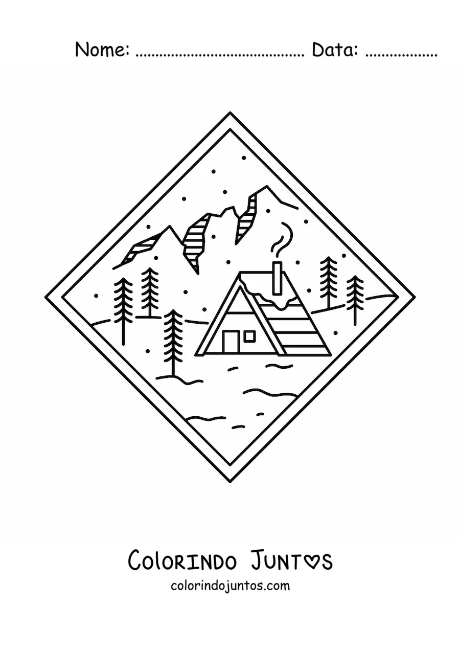 Desenho para colorir de paisagem de montanha com cabana