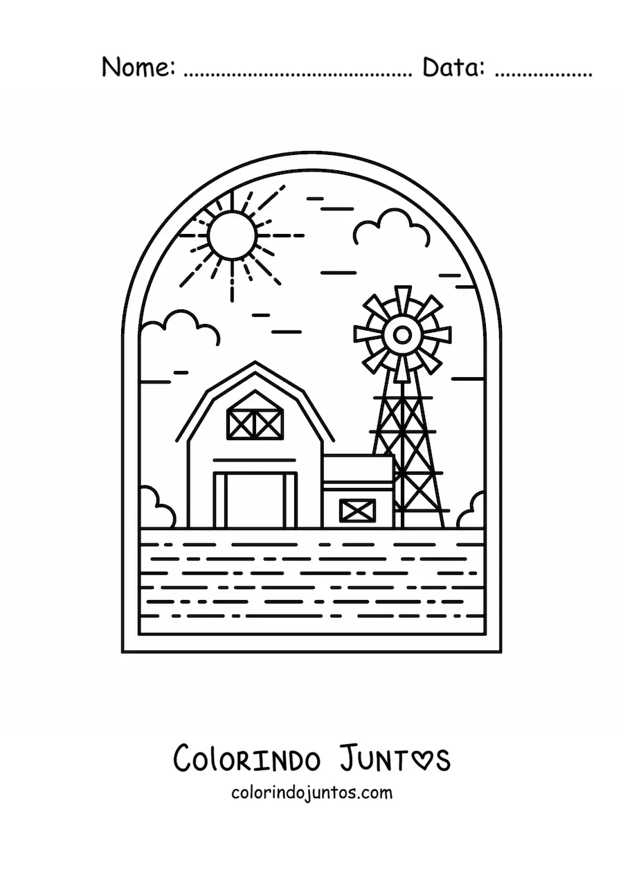 Desenho para colorir de paisagem rural com celeiro e moinho