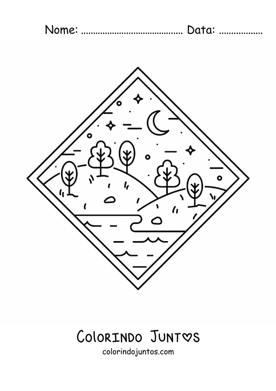 Desenho para colorir de paisagem de floresta com lago a noite