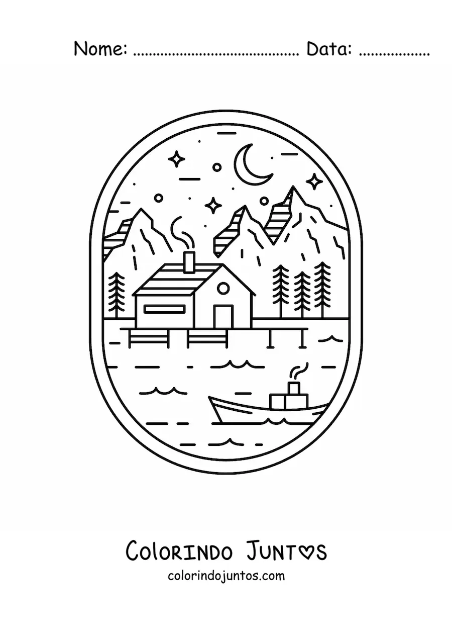 Desenho para colorir de paisagem de floresta com lago, casa e um barco, a noite