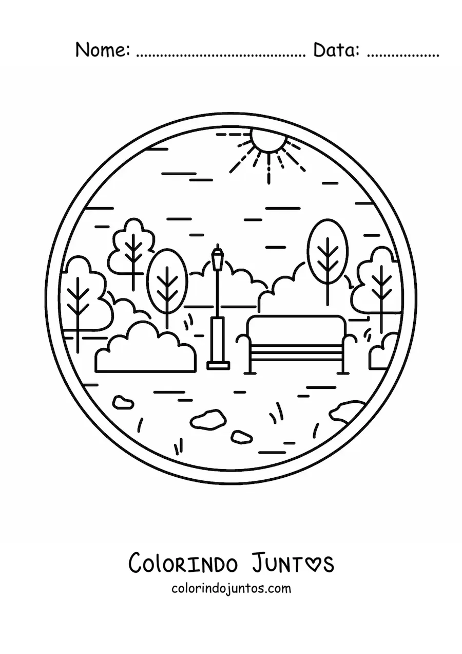 Desenho para colorir de um banco em um parque com arvores e um poste de luz