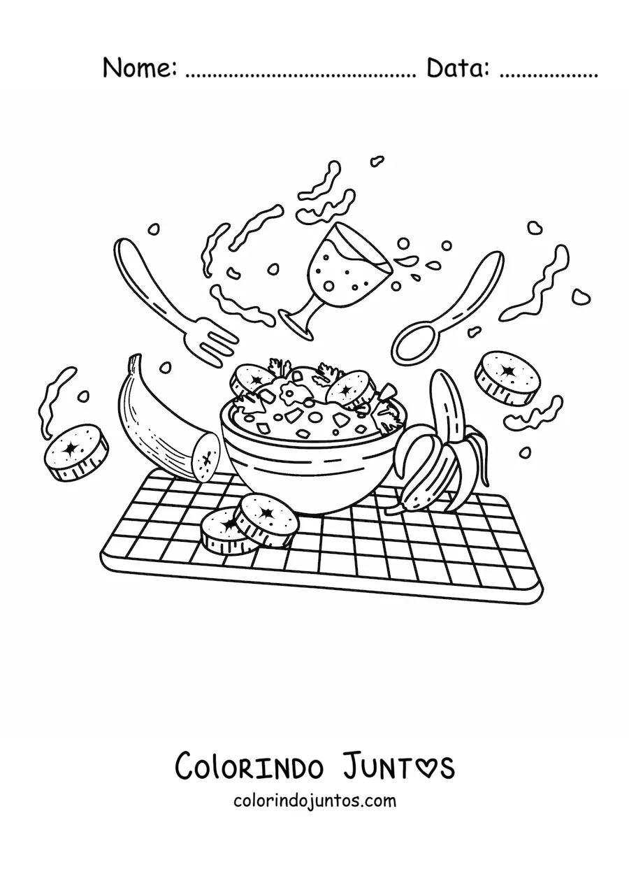Desenho para colorir de um café da manhã de cereal com leite e bananas
