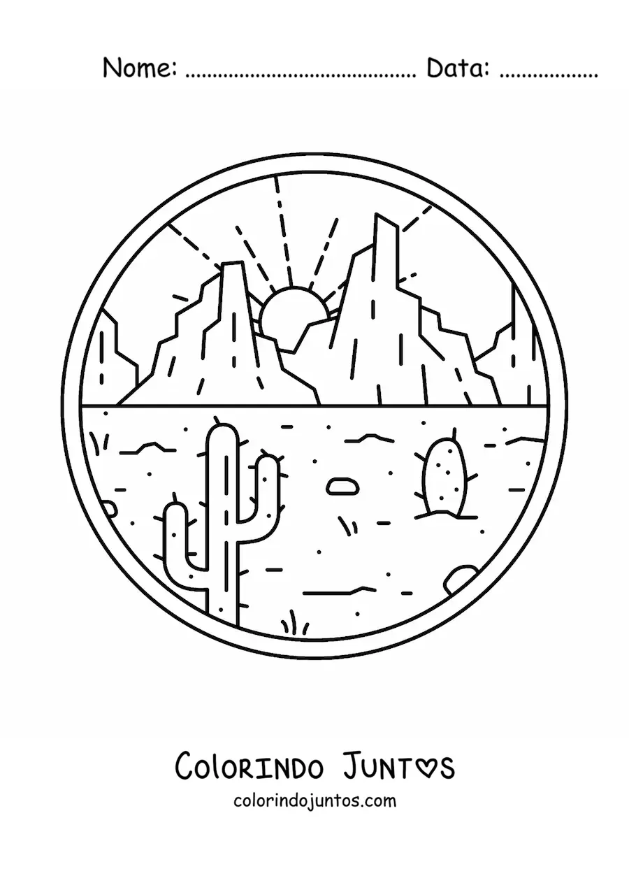 Desenho para colorir de paisagem do deserto com dois cactos e montanhas ao fundo