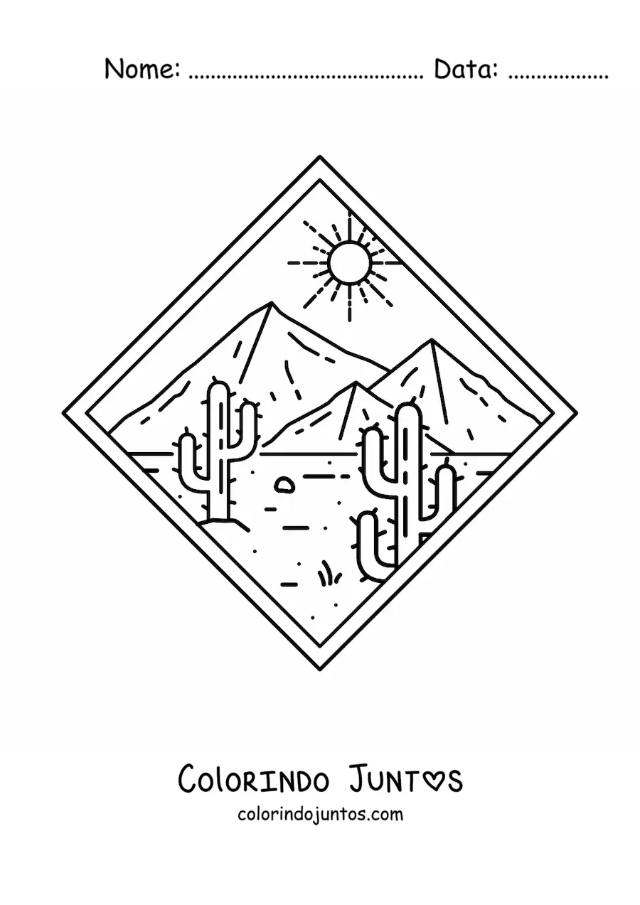 Desenho para colorir de paisagem do deserto com dois cactos e piramides ao fundo