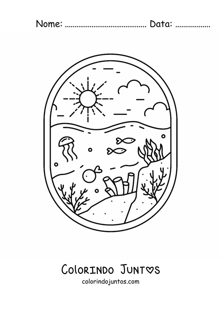 Desenho para colorir de paisagem do fundo do mar com peixes, agua-viva e corais
