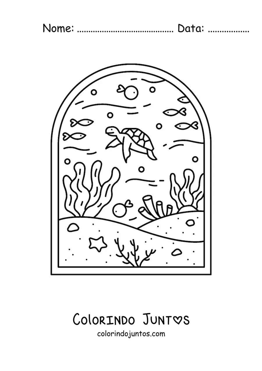 Desenho para colorir de paisagem do fundo do mar com peixes, tartaruga e corais