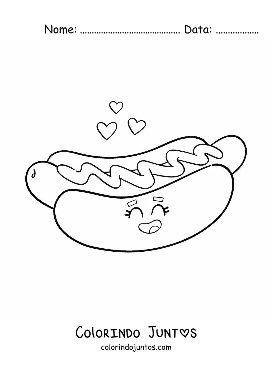 Desenho para colorir de cachorro-quente kawaii animado com coracoes