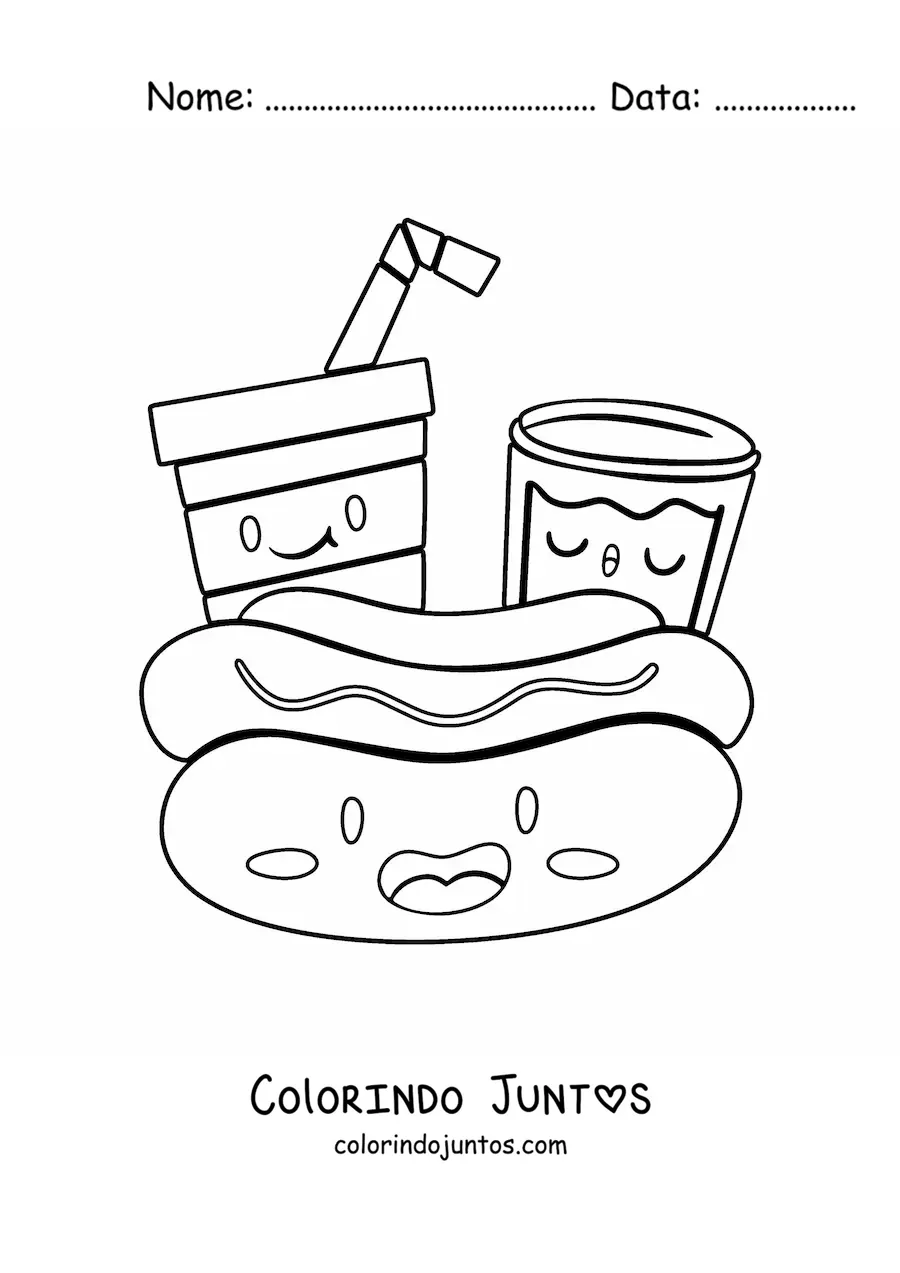Desenho para colorir de cachorro-quente kawaii animado com bebidas animadas