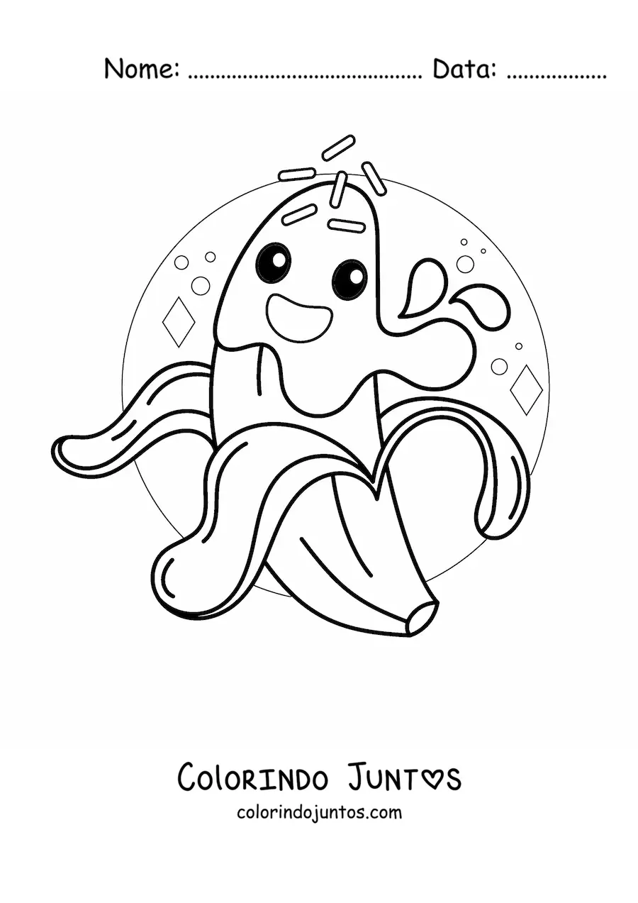 Desenho para colorir de uma banana animada sorridente coberta de chocolate