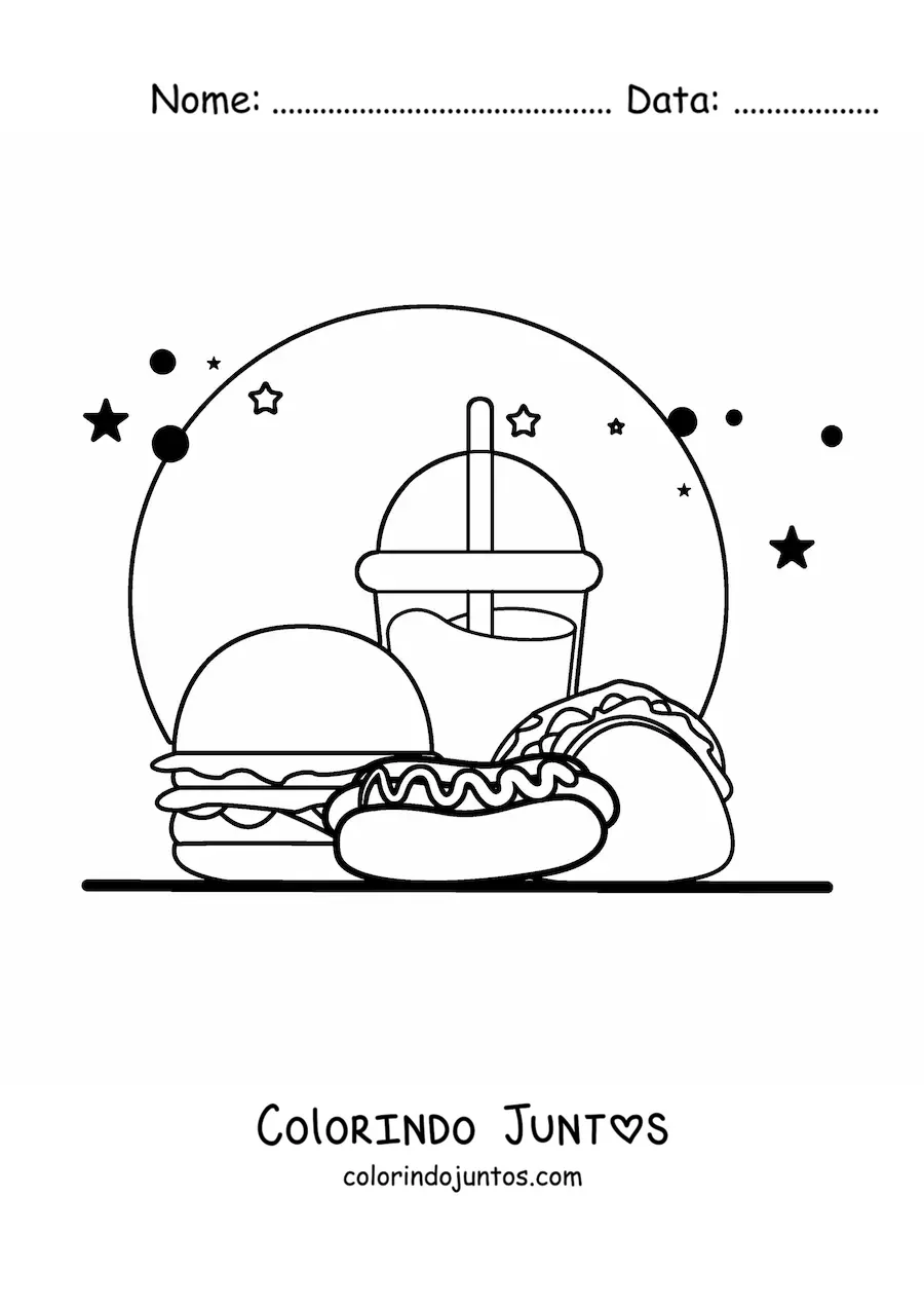 Desenho para colorir de cachorro-quente com comida nao saudavel