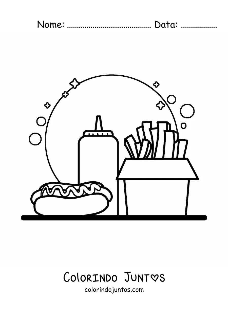 Desenho para colorir de cachorro-quente com molho e batatas fritas