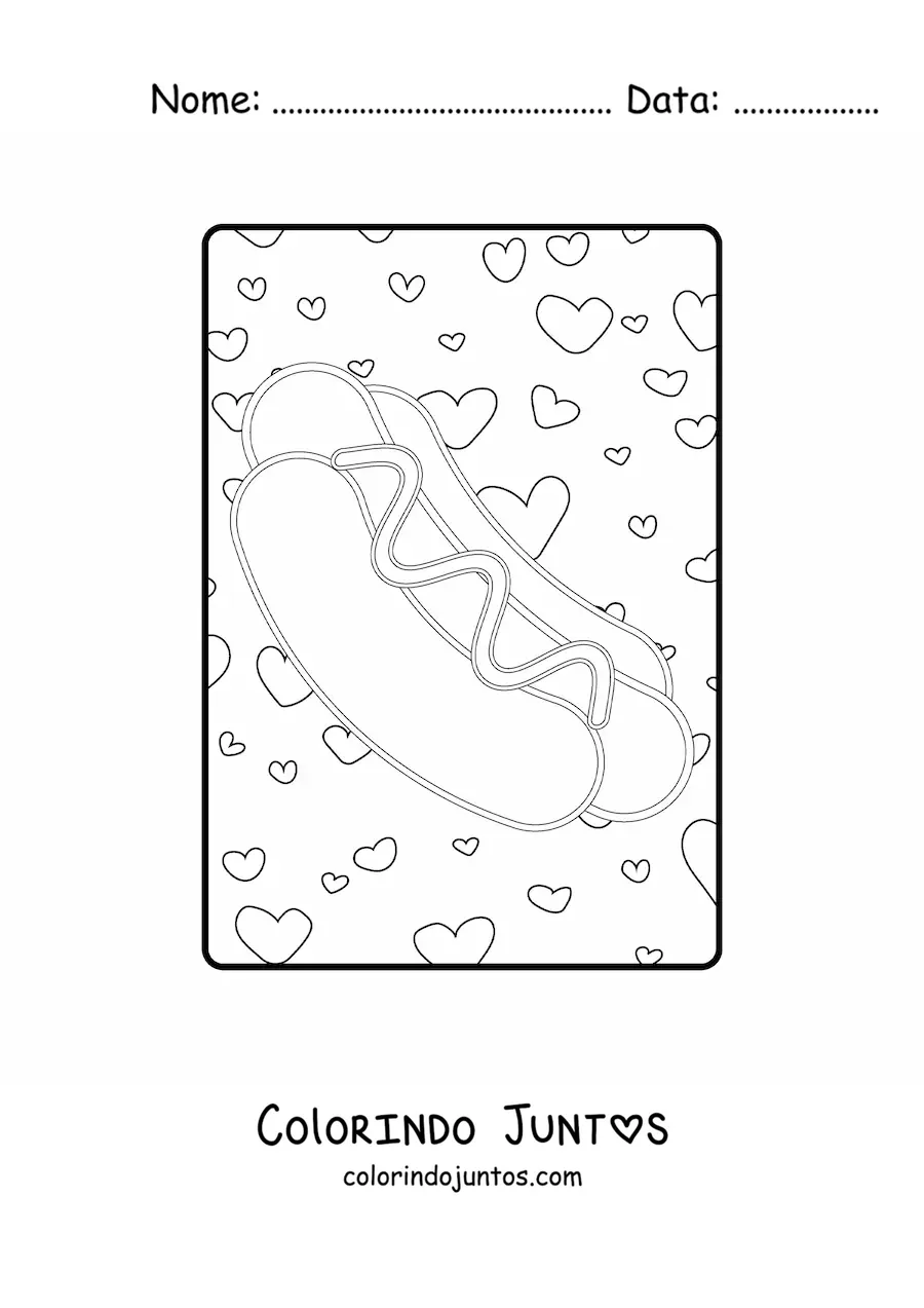 Desenho para colorir de cachorro-quente com coracoes ao fundo