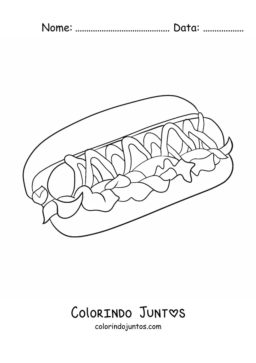 Desenho para colorir de cachorro-quente com alface e molhos