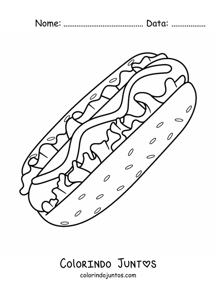 Desenho para colorir de cachorro-quente grande com alface e molho