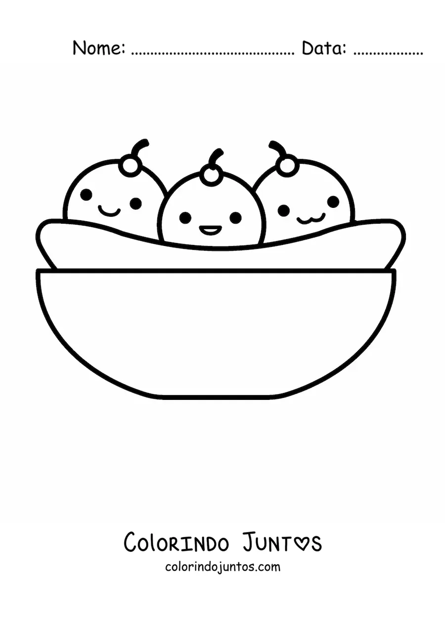 Desenho para colorir de um sorvete banana split animado kawaii em um prato