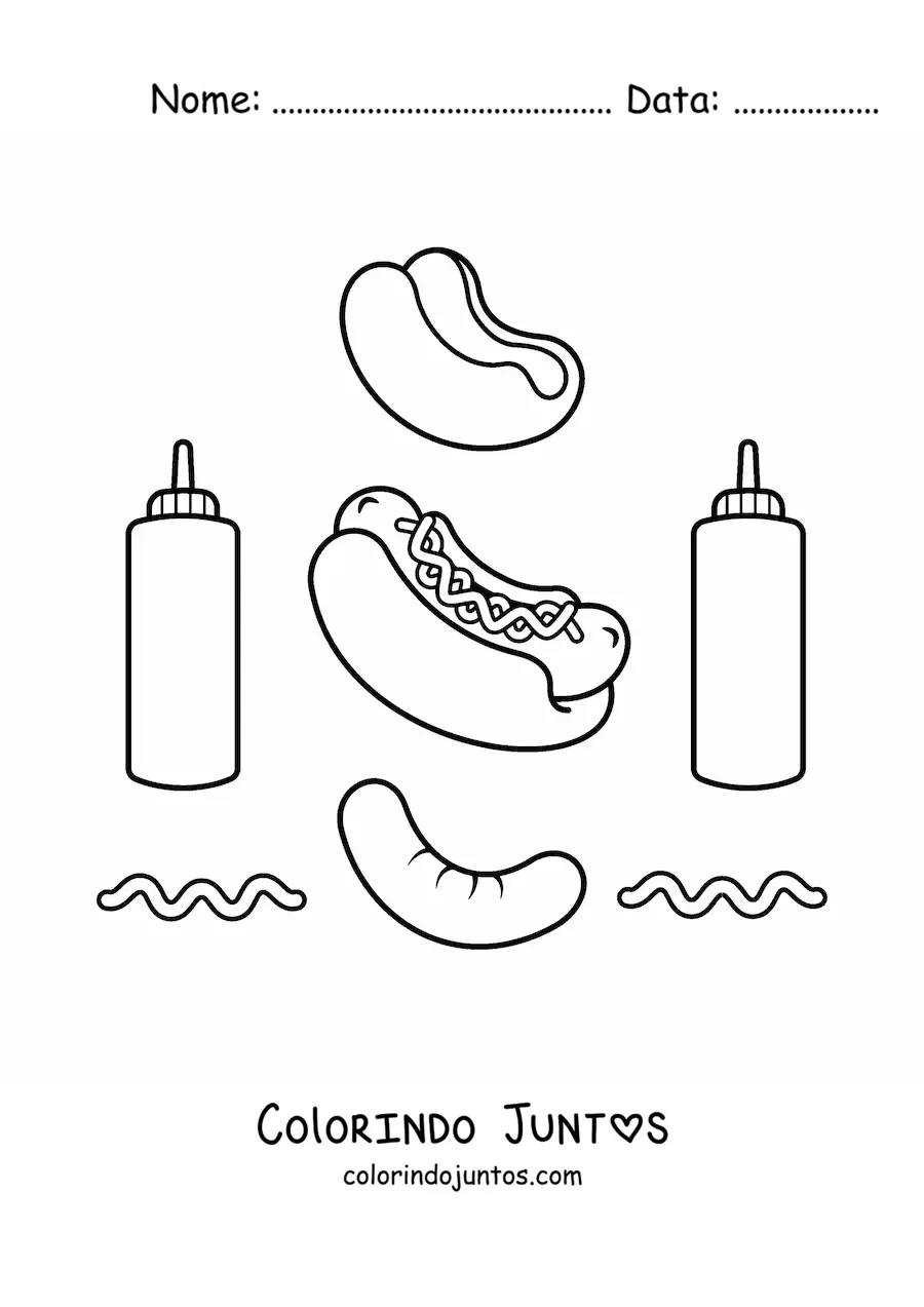 Desenho para colorir de cachorro-quente com seus ingredientes em volta