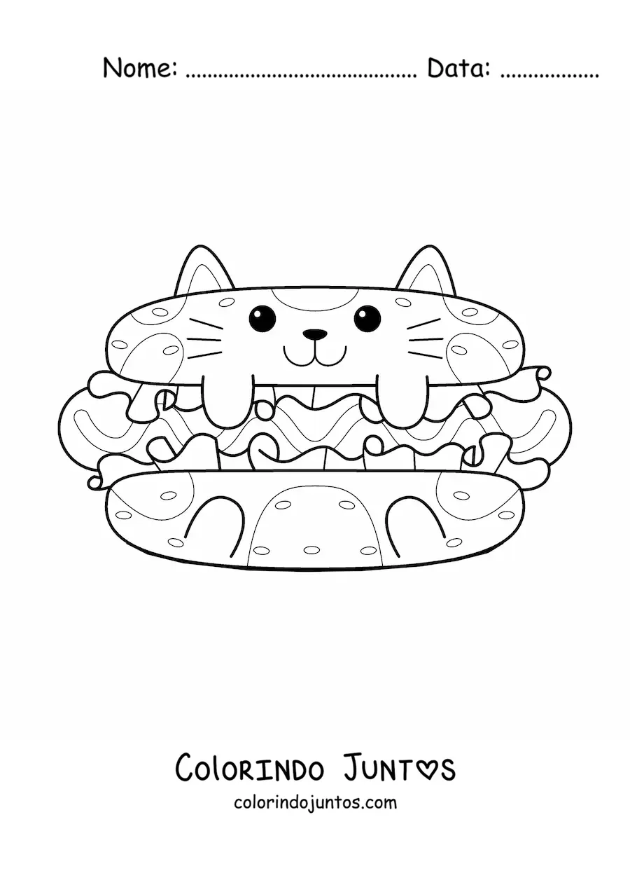 Desenho para colorir de cachorro-quente em formato de gato animado kawaii
