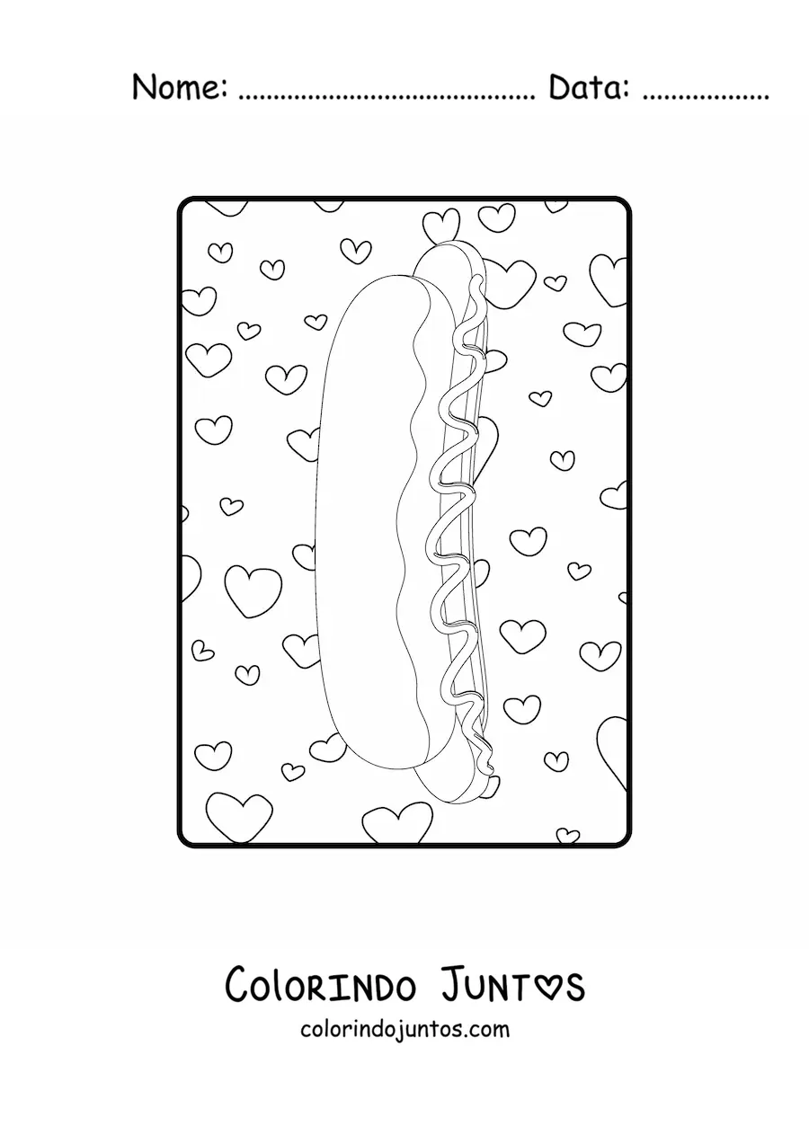 Desenho para colorir de cachorro-quente de lado com coracoes ao fundo