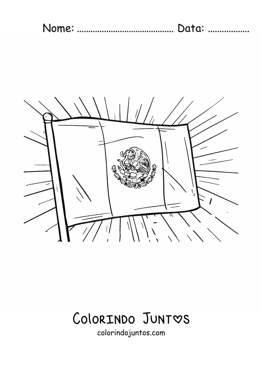 Desenho para colorir de uma bandeira do Mexico tremulando em um mastro