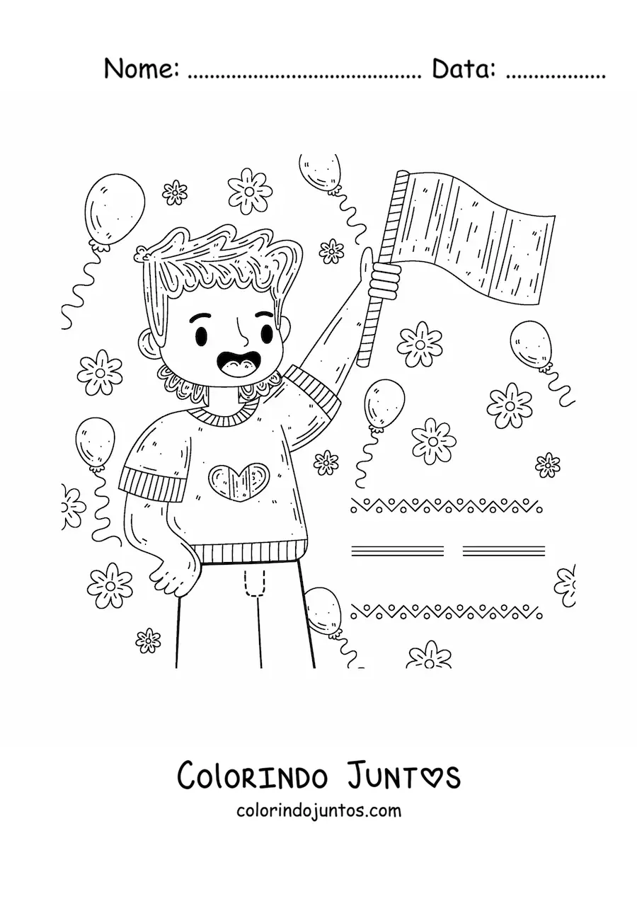 Desenho para colorir de um menino segurando a bandeira do Mexico sem brasao
