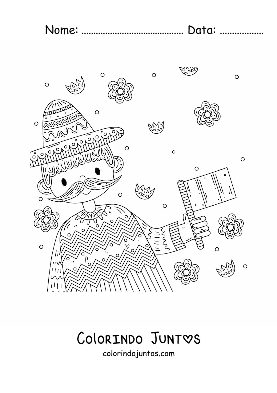 Desenho para colorir de um homem segurando a bandeira do Mexico sem brasao