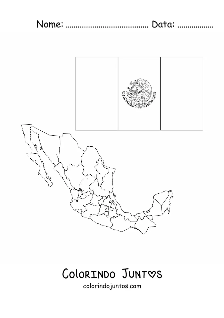 Desenho para colorir da bandeira do Mexico com brasao ao lado de um mapa