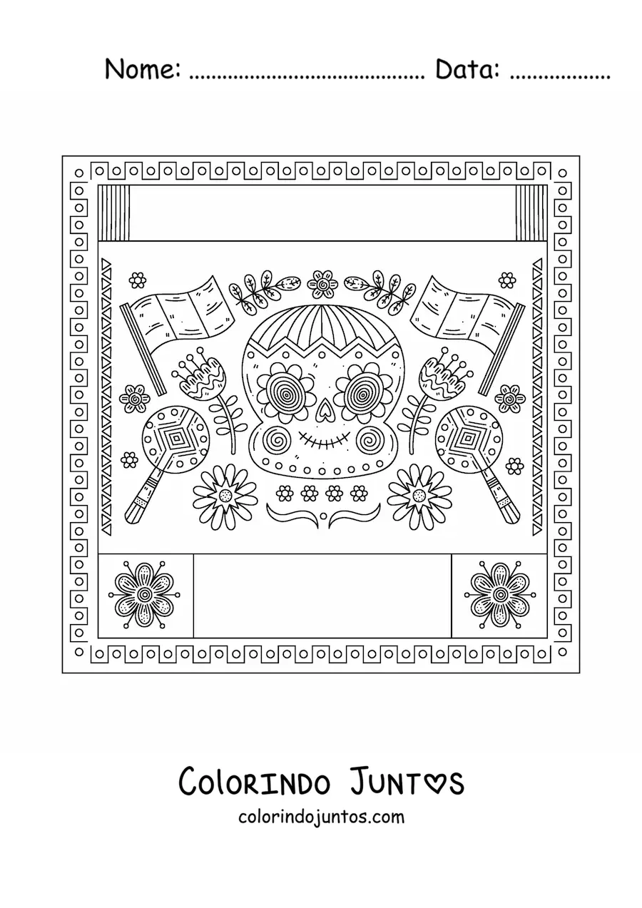 Desenho para colorir de duas bandeiras do Mexico sem brasao ao lado de uma caveira mexicana