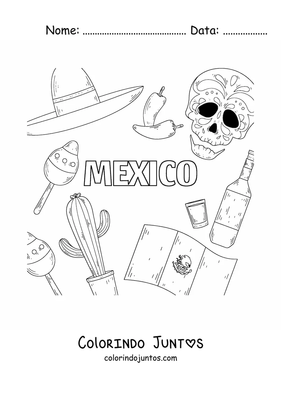 Desenho para colorir da bandeira do Mexico ao lado de uma caveira mexicana, uma pimenta, tequila e um sombrero