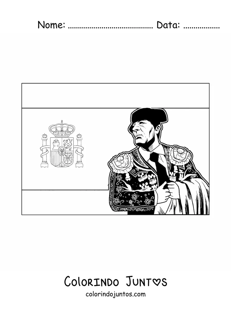 Desenho para colorir da bandeira da Espanha horizontal com um toureiro realista