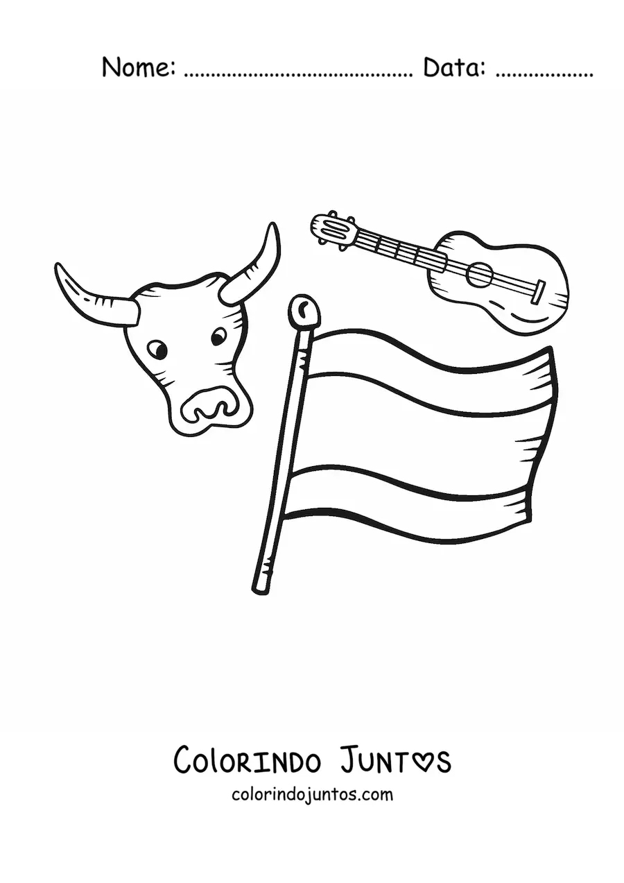 Desenho para colorir da bandeira da Espanha ao lado de um touro kawaii e um violao