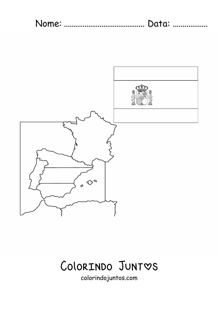 Desenho para colorir da bandeira da Espanha com brasao ao lado de um mapa