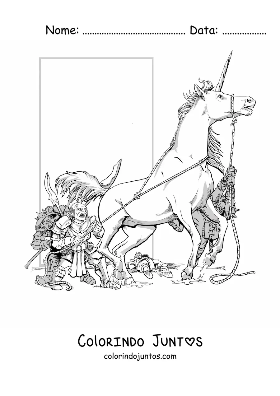 Desenho para colorir de unicórnio de Calabouços e Dragões fugindo de vários goblins