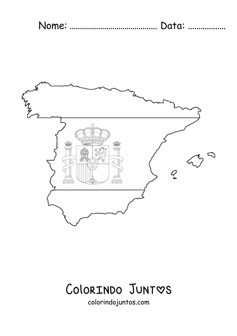 Desenho para colorir da bandeira da Espanha com brasao sobre um mapa