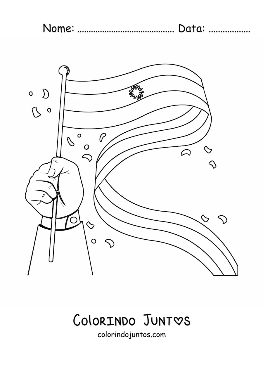 Desenho para colorir de uma mao segurando a bandeira da Argentina tremulando