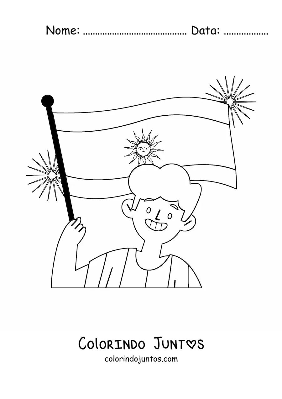 Desenho para colorir de um menino segurando a bandeira da Argentina